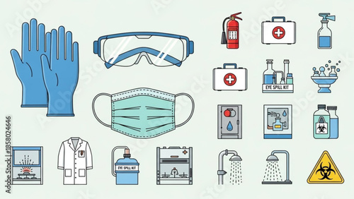 Medical protective equipment and laboratory safety symbols and tools for biohazard and chemical