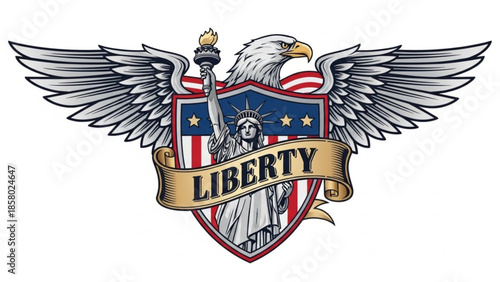 American patriotic symbol with eagle, statue of liberty, and shield with liberty banner
