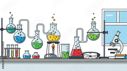 Colorful laboratory equipment with beakers, flasks, and microscope on a gray countertop with a window