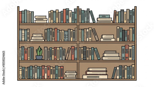 Large wooden bookshelf filled with books and a small plant on a white background