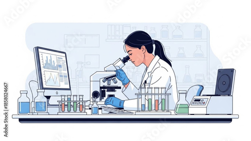 Scientist in lab coat examining sample under microscope with computer and various laboratory equipment