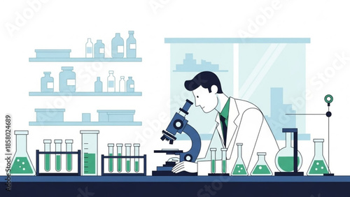 Scientist in lab coat examining samples through microscope, surrounded by various laboratory equipment