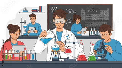 Students in a chemistry lab with beakers and a microscope, learning science