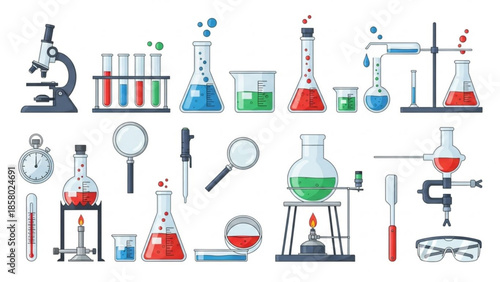 Colorful laboratory equipment and tools for science experiments and research activities