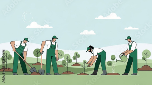 Four workers in green overalls planting trees in a field with blue sky background