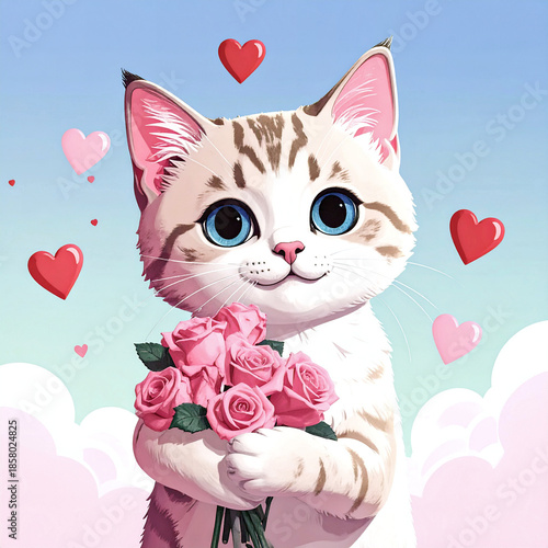 Adorable Kitten with huge expressive eyes holding a bouquet of pink roses