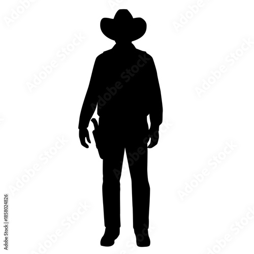 silhouette of a cowboy standing with gun in waist