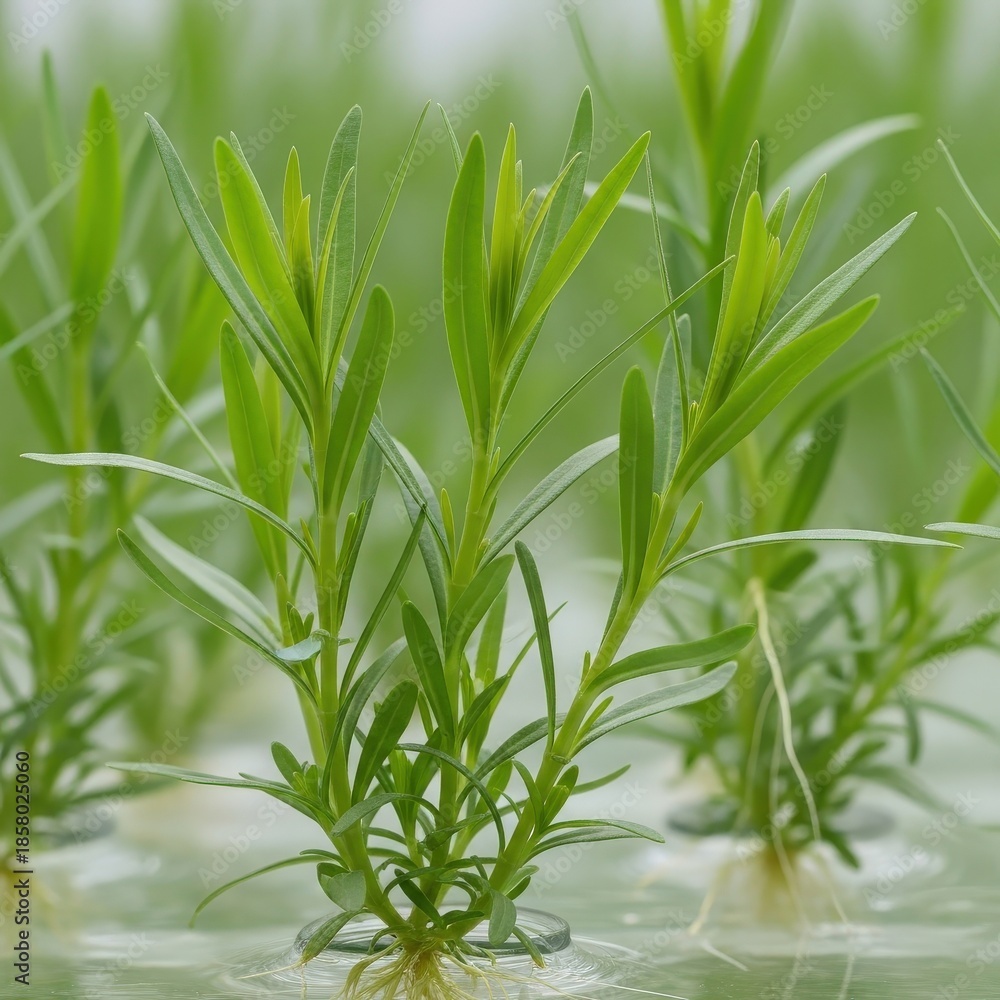 Fototapeta premium Fresh green rice seedlings thriving in a waterlogged paddy field.