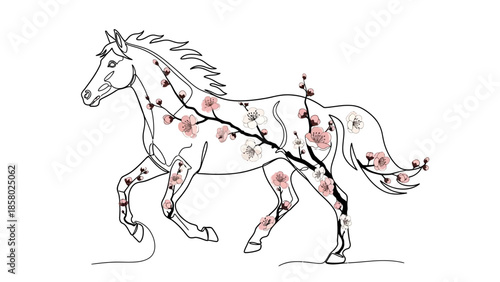 horse with cherry blossom branch tattoo one line vector