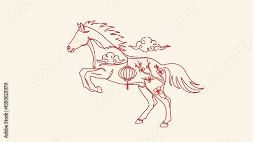 red horse with chinese decorations one line vector