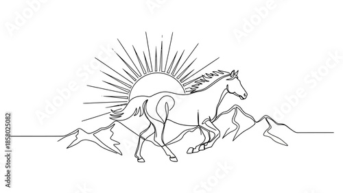 Horse running in front of sunrise over mountains