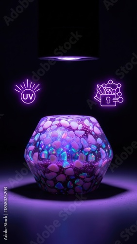 Spectacular Faceted Resin Sphere Encapsulating Opals Glowing Under UV Light with Futuristic Violet Curing Icons