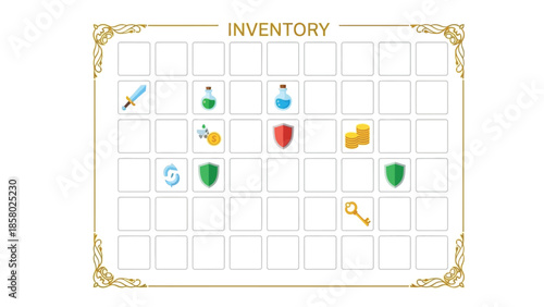 Graphic illustration of a treasure inventory board with various colorful items and icons on a white background with gold accents.