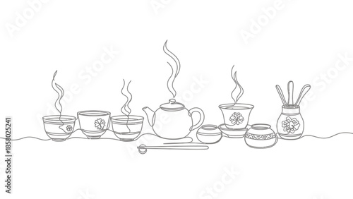 Tea time illustration, steaming cups and teapot