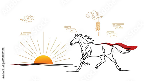 Horse running at sunrise with red cape
