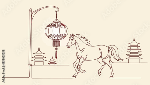 illustration one line Horse walking near Asian temple and lantern