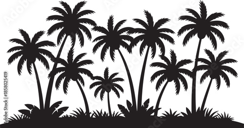 Black silhouettes of tropical island palm trees against a white background