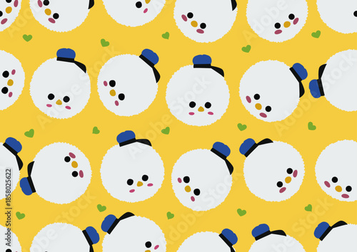 A fluffy white chick with big eyes and rosy cheeks, wearing a blue baseball cap, with green hearts surrounding it on a yellow-orange background. [Converted]