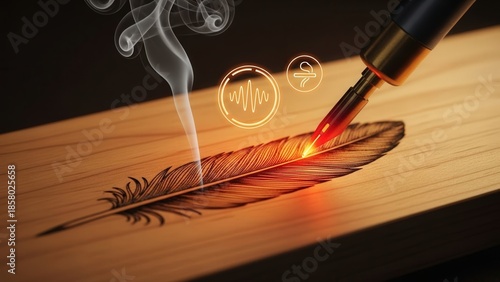 Close-Up of Woodburning Pen Creating Feather Pattern on Maple Wood with Futuristic Holographic Icons
