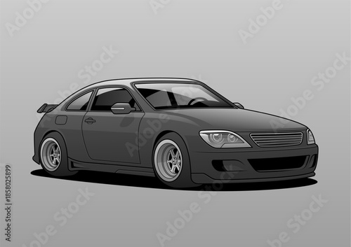 Gray sport sedan car vector illustration with realistic details and smooth shading, isolated on light background. Suitable for automotive design, transportation concept, branding, and web use