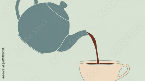 A teapot pouring coffee into a cup on a plain background