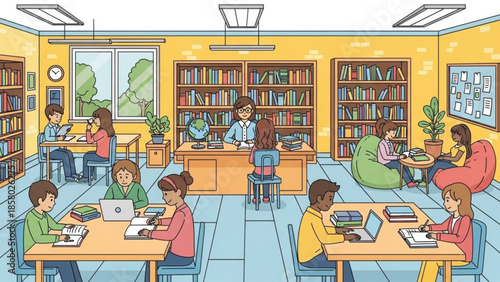 Students studying in a library with laptops and books on tables