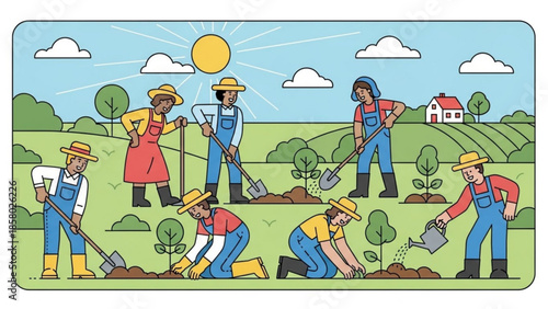 People working together on farm planting trees and watering in sunny green landscape