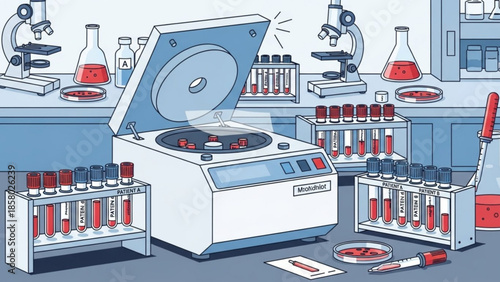 Centrifuge machine in a laboratory with various test tubes and microscopes