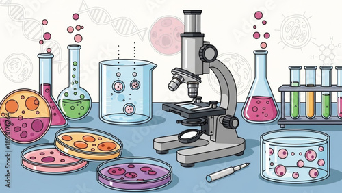 Laboratory equipment for microbiology research and experimentation with microscope, petri dishes