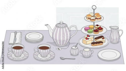 Afternoon tea setting with teapot, cups, saucers, plates, and a three tiered stand of assorted desserts