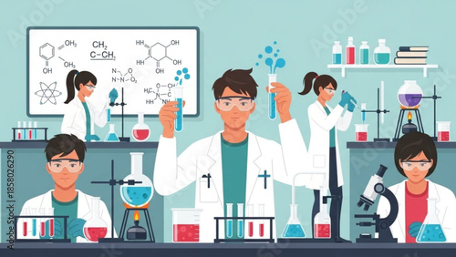 Four diverse scientists working together in a laboratory with various equipment and chemicals