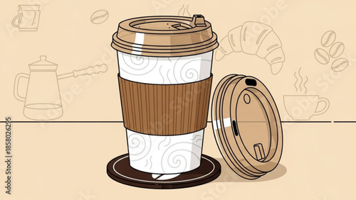 Brown disposable coffee cup with wooden sleeve and lid on saucer