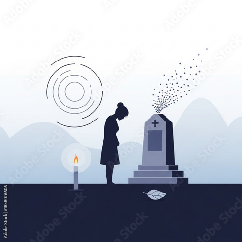 Woman mourning at a gravestone with a lit candle symbolizing loss and remembrance vector illustration for grief concept