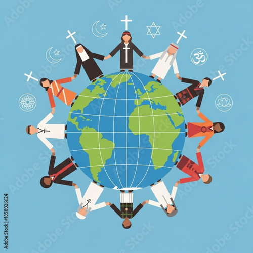 Diverse people holding hands around the Earth representing global unity and religious harmony vector illustration for concept design