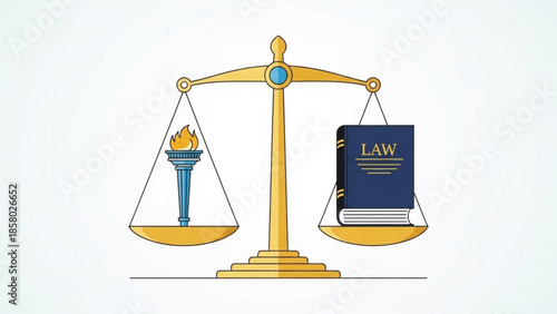 Golden scales balancing law book and torch with flame on white background