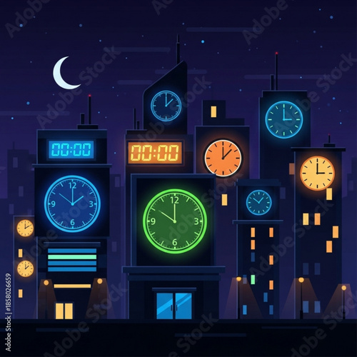 Night city skyline with glowing clocks on buildings representing time zones and urban nightlife vector illustration