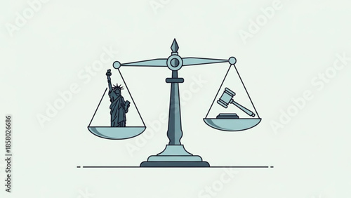 Balance between statue of liberty and gavel on scales of justice