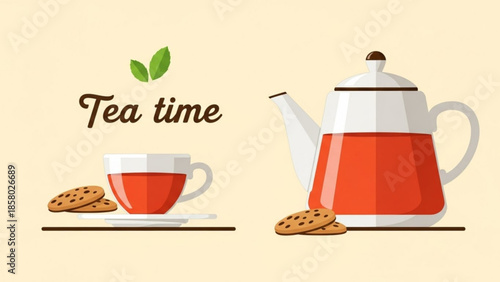 Tea time with teapot cup cookies on a table indoors