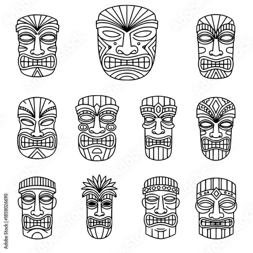 Hawaii Tiki Mask Icons Set Simple Tribal Vector Illustration