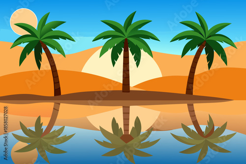 Serene sunset over desert oasis