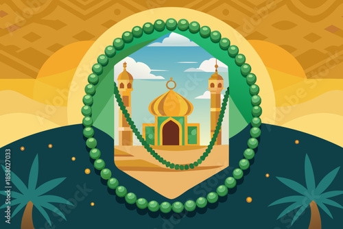 Illustrated mosque within a beaded frame