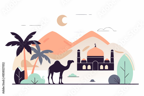 Desert landscape with mosque and camel