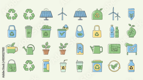 Eco-Friendly Sustainability and Green Energy Minimalist Icon Collection