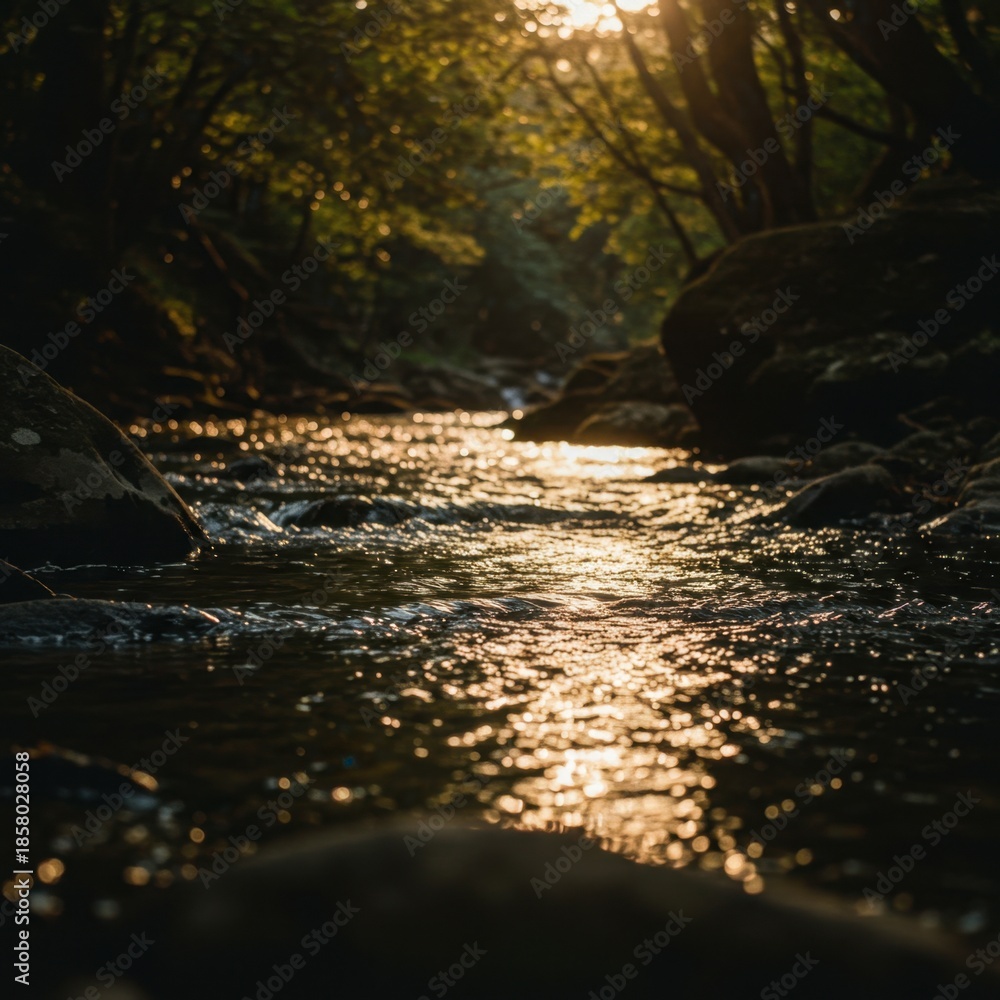 Fototapeta premium Sunlit River in a Forest at Sunset
