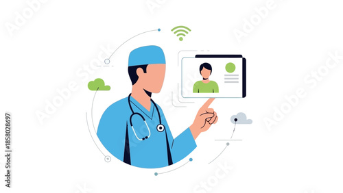 Doctor interacting with digital patient record on screen.