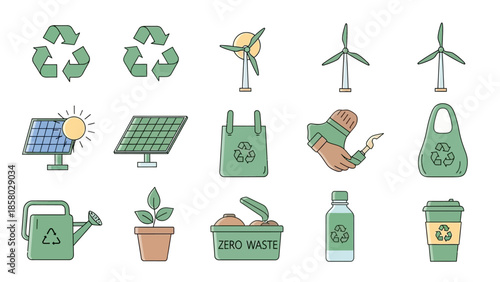 Eco-Friendly Sustainability and Green Energy Minimalist Icon Collection