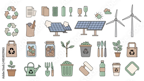 Eco-Friendly Sustainability and Green Energy Minimalist Icon Collection