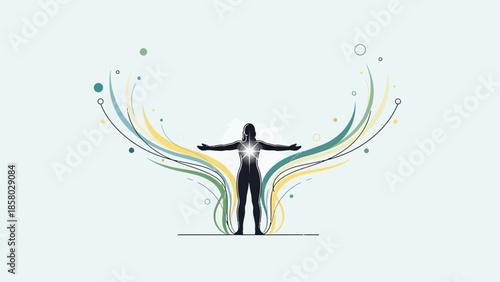 Silhouette of a person with glowing chest and abstract energy streams.