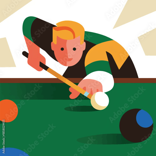 Illustration Of A Male Billiard Player Hitting A Ball Using A Billiard Stick Vector Design Template
