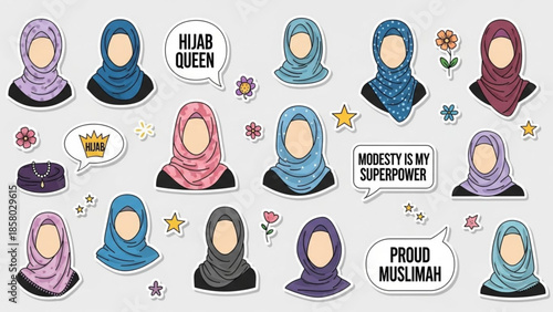 Collection of diverse Muslim women wearing colorful hijabs representing modesty and empowerment perfect for cultural and fashion themes